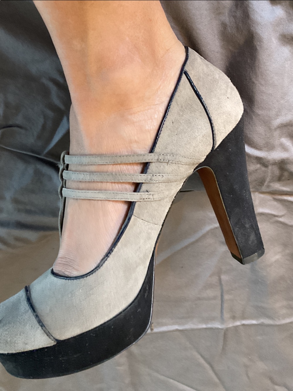 Enzo Angiolini Gray and Black/Navy Suede Platform Mary Jane Pumps